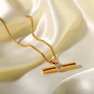 New Bar Pendant Necklace 18K Gold Plated Rhinestone Contemporary Minimalist